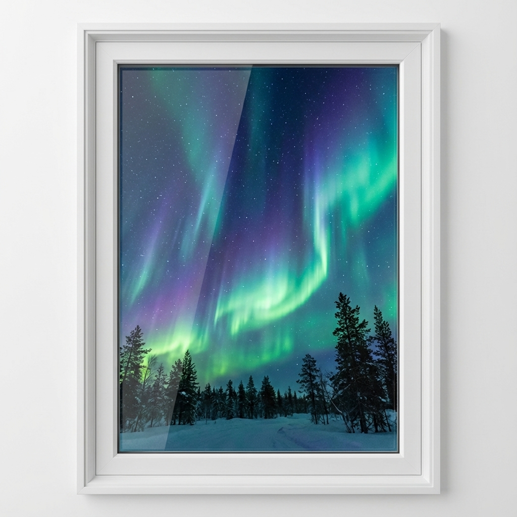PVC casement window framing an aurora dawn sky
