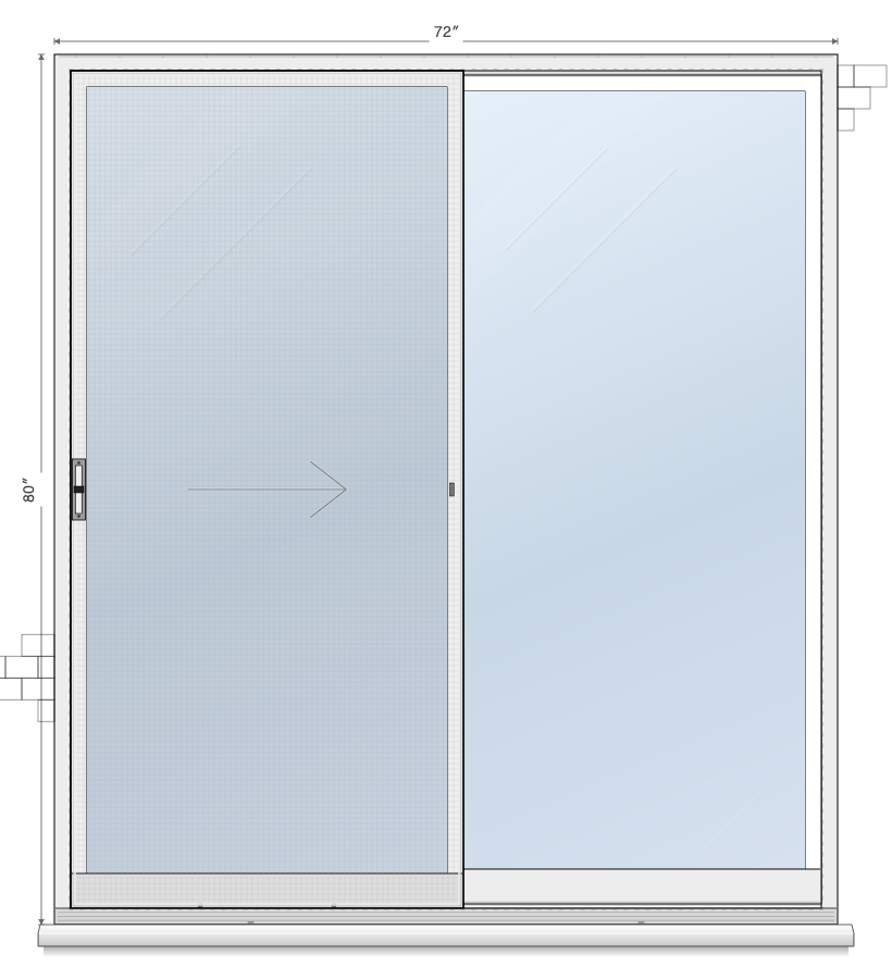 2-Panel Left Sliding sliding patio door layout diagram, 5'0" × 6'8"