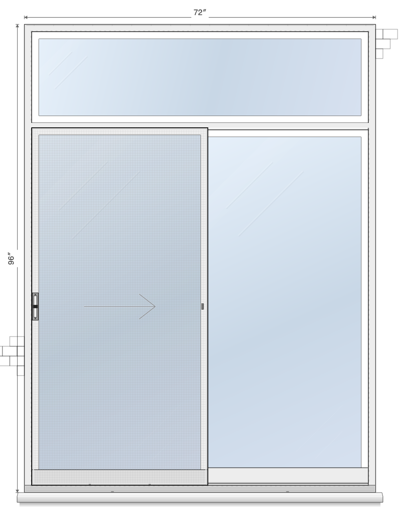2-Panel Left Sliding, Transom sliding patio door layout diagram, 5'0" × 6'8" with transom
