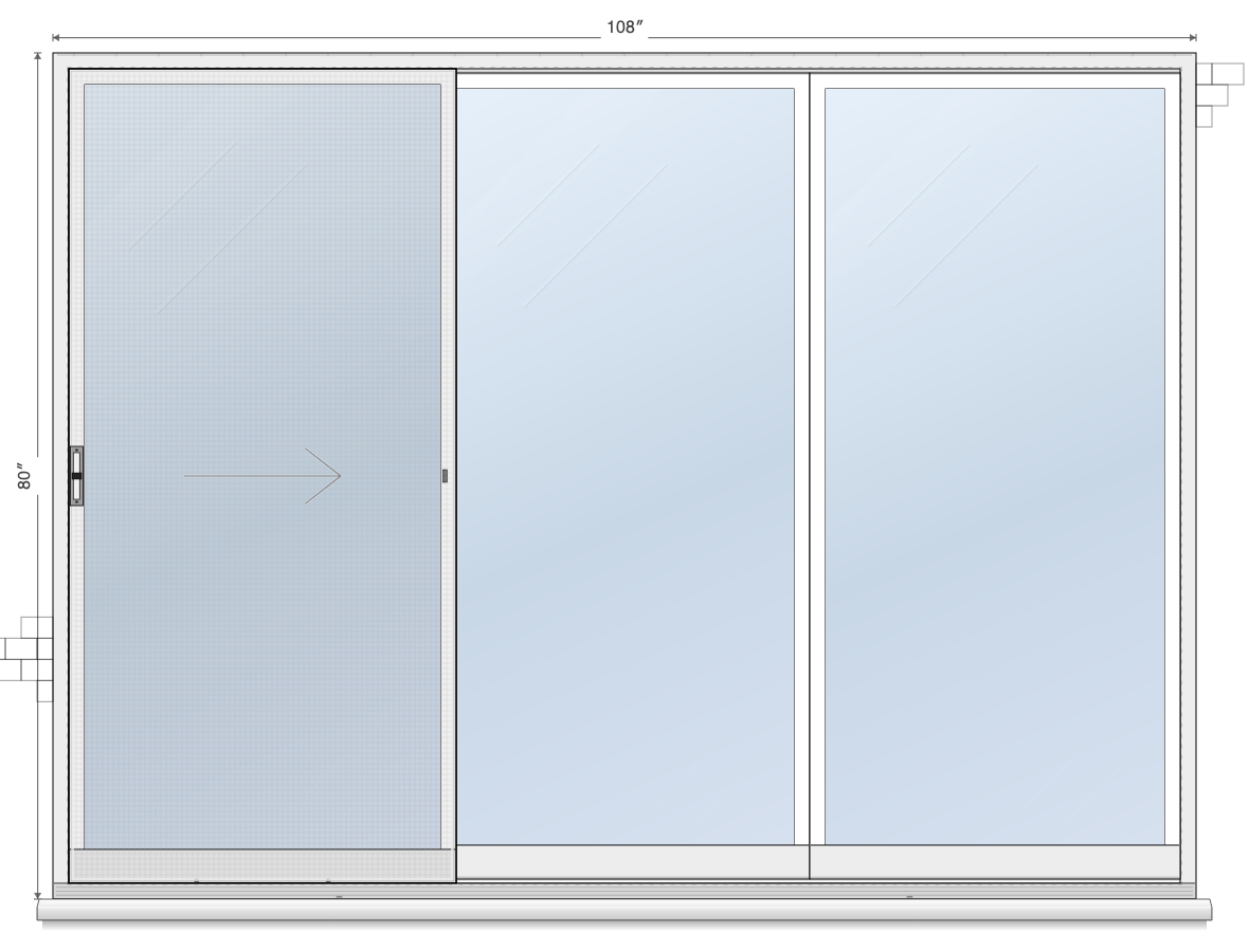 3-Panel Left Sliding sliding patio door layout diagram, 9'0" × 6'8"