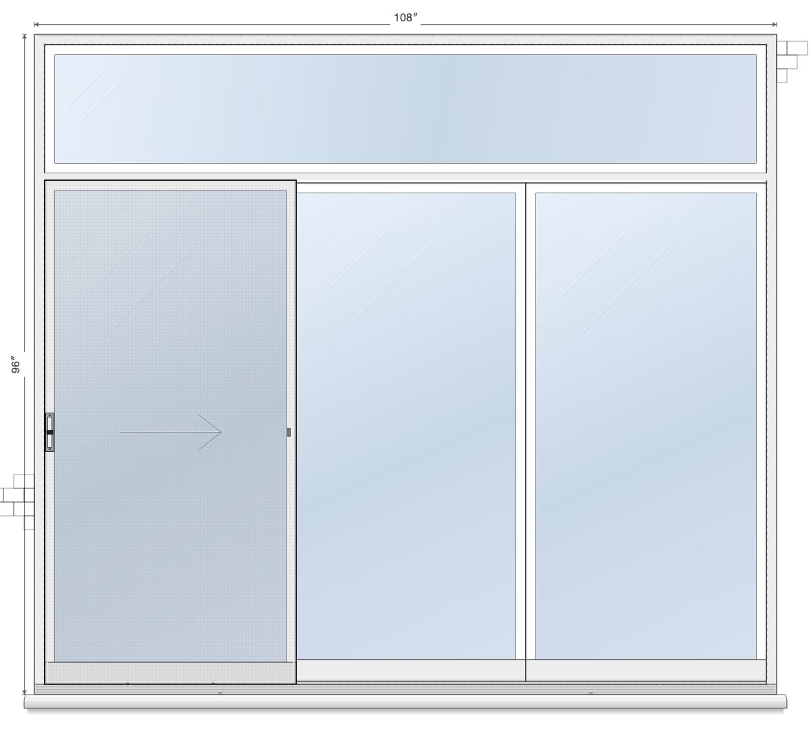 3-Panel Left Sliding, Transom sliding patio door layout diagram, 9'0" × 6'8" with transom