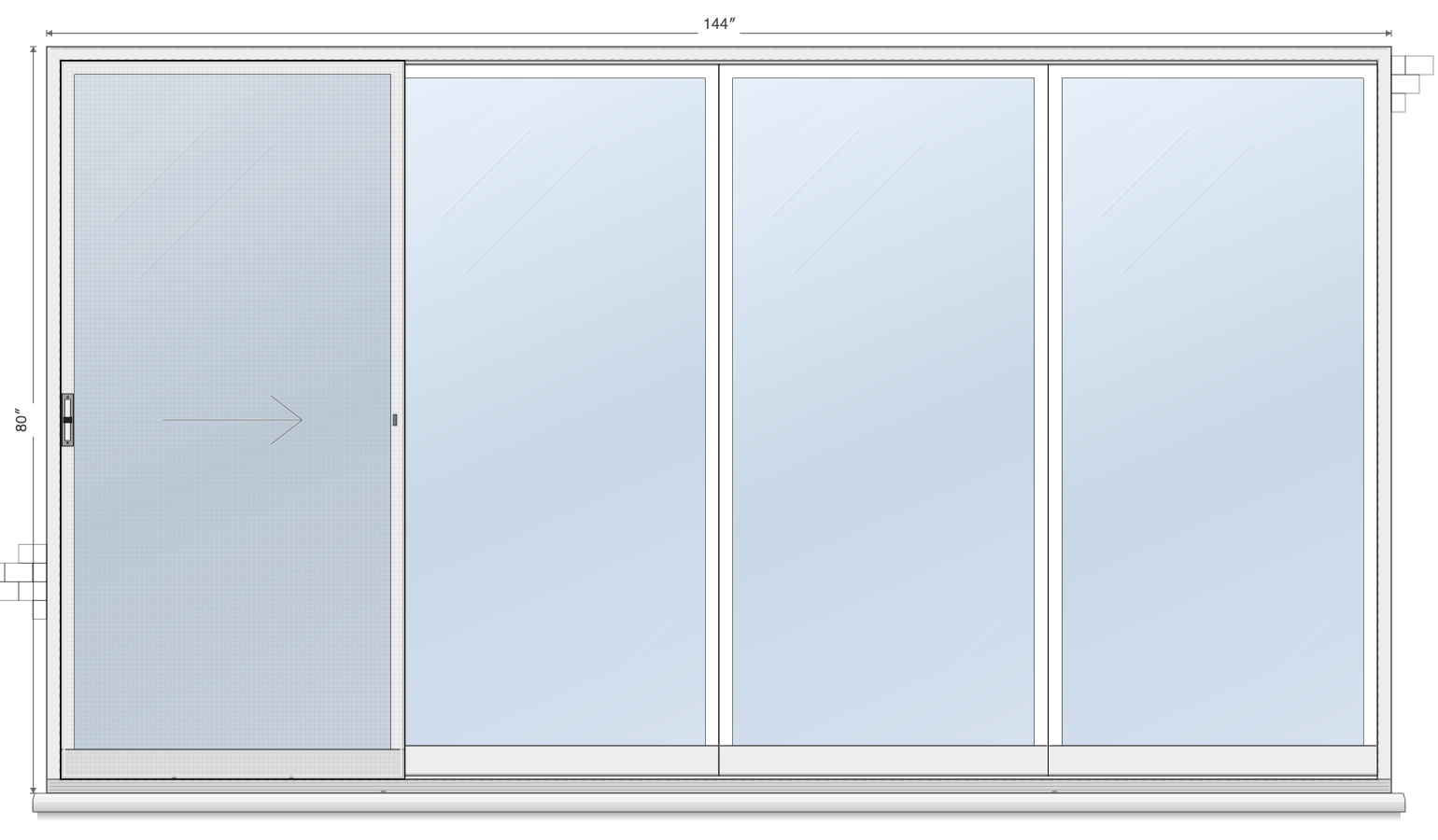 4-Panel Single Left Sliding sliding patio door layout diagram, 12'0" × 6'8"