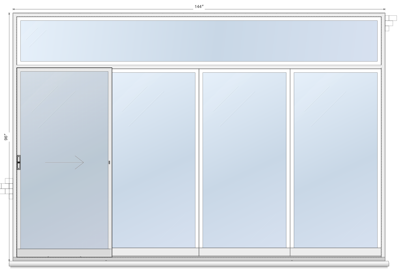 4-Panel Single Left Sliding, Transom sliding patio door layout diagram, 12'0" × 6'8" with transom