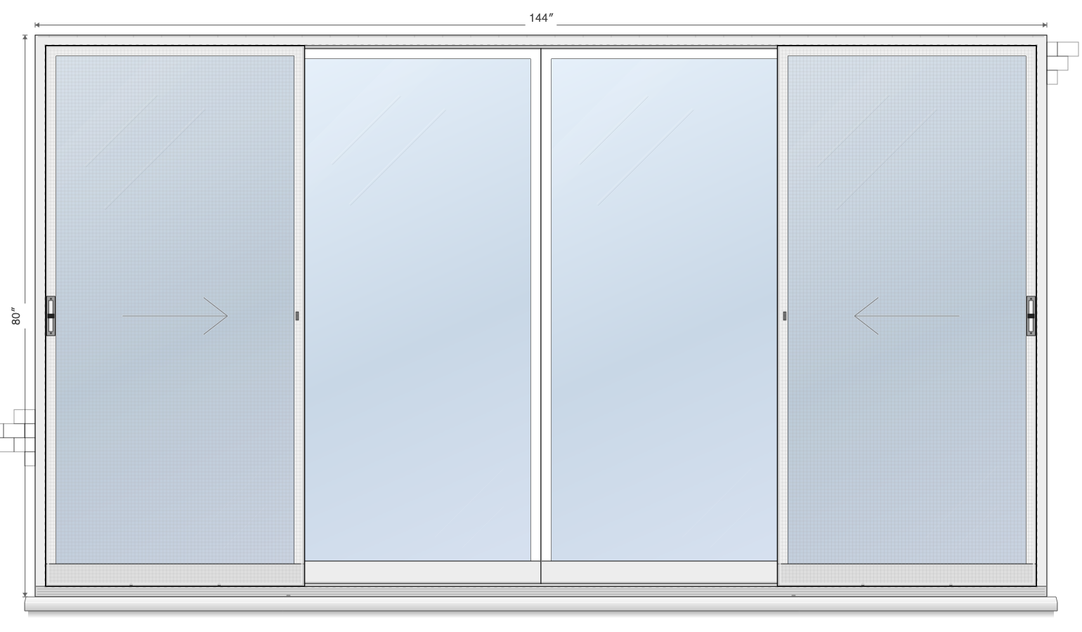 4-Panel Outer Double Sliding sliding patio door layout diagram, 12'0" × 6'8"