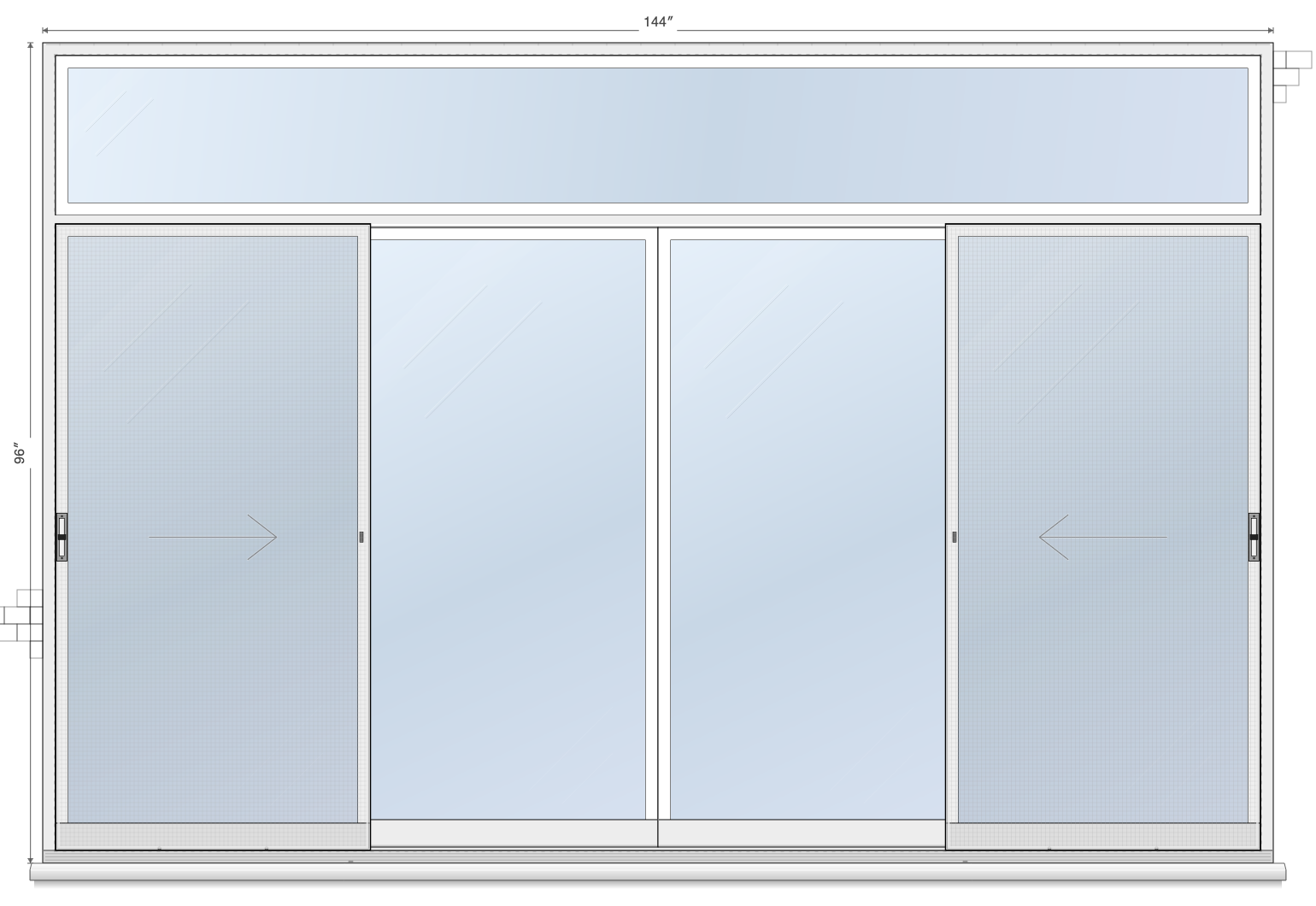 4-Panel Outer Double Sliding, Transom sliding patio door layout diagram, 12'0" × 6'8" with transom