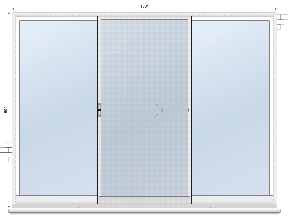 3-Panel Center Slides Right sliding patio door layout diagram, 9'0" × 6'8"