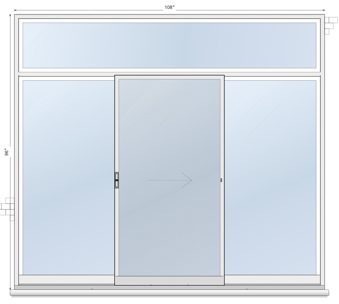 3-Panel Center Slides Right, Transom sliding patio door layout diagram, 9'0" × 6'8" with transom