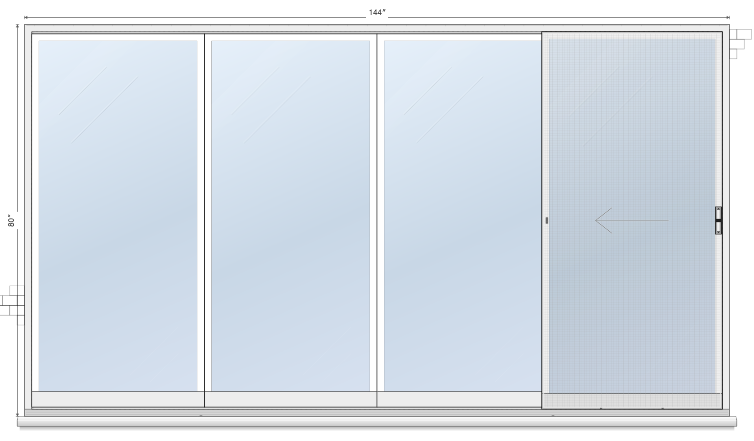 4-Panel Single Right Sliding sliding patio door layout diagram, 12'0" × 6'8"