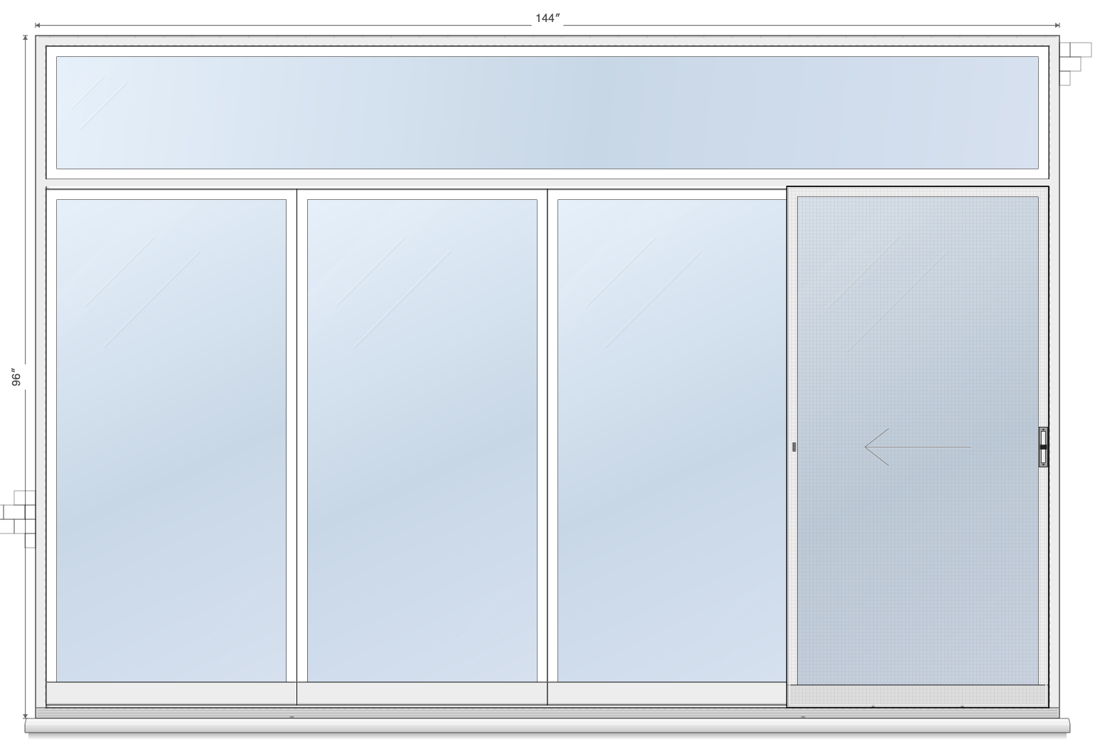 4-Panel Single Right Sliding, Transom sliding patio door layout diagram, 12'0" × 6'8" with transom