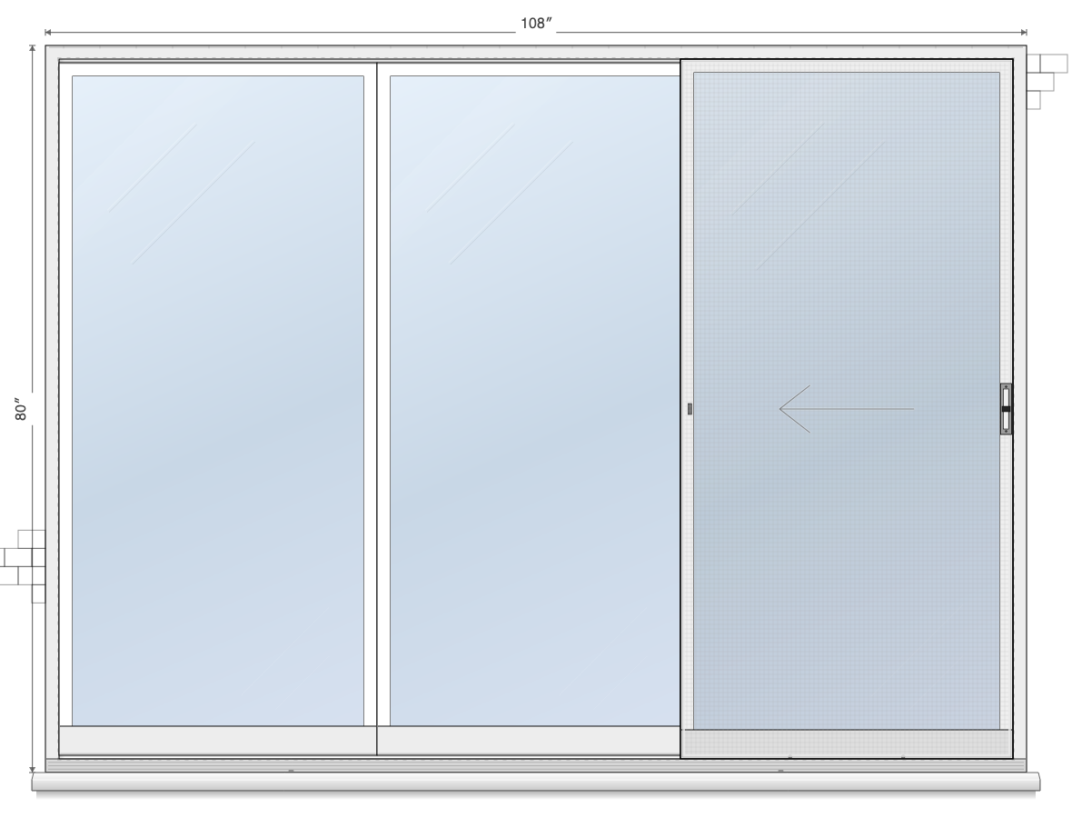 3-Panel Right Sliding sliding patio door layout diagram, 9'0" × 6'8"
