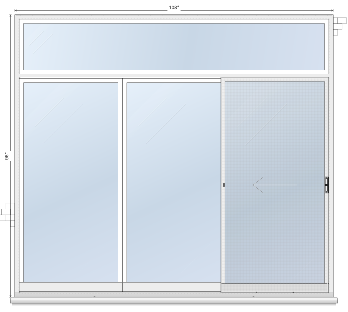 3-Panel Right Sliding, Transom sliding patio door layout diagram, 9'0" × 6'8" with transom