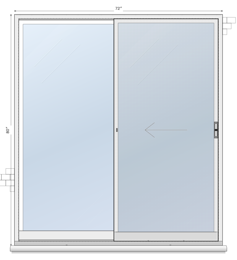 2-Panel Right Sliding sliding patio door layout diagram, 5'0" × 6'8"