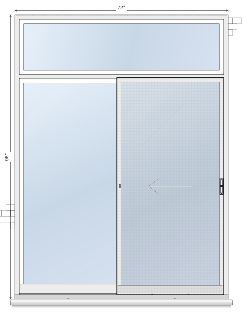 2-Panel Right Sliding, Transom sliding patio door layout diagram, 5'0" × 6'8" with transom