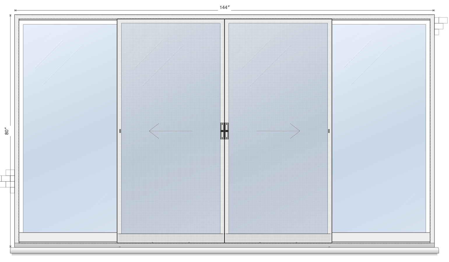 4-Panel Center Double Sliding sliding patio door layout diagram, 12'0" × 6'8"