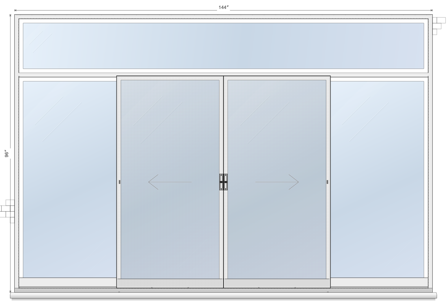 4-Panel Center Double Sliding, Transom sliding patio door layout diagram, 12'0" × 6'8" with transom