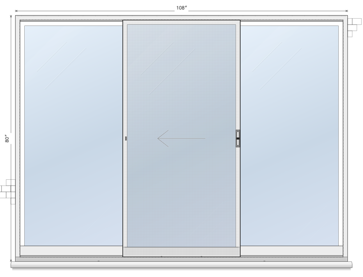3-Panel Center Slides Left sliding patio door layout diagram, 9'0" × 6'8"