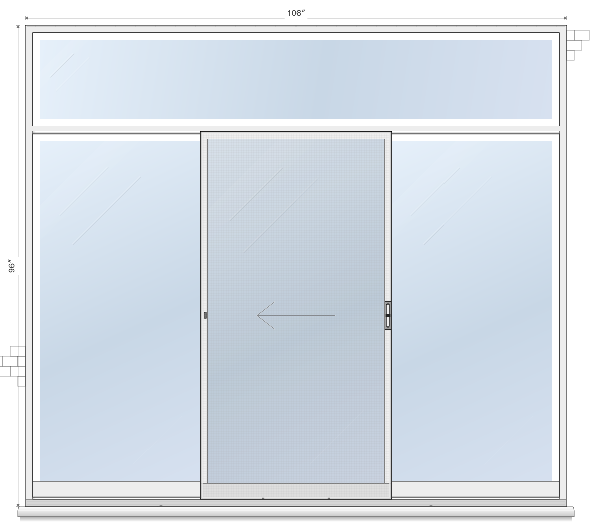 3-Panel Center Slides Left, Transom sliding patio door layout diagram, 9'0" × 6'8" with transom