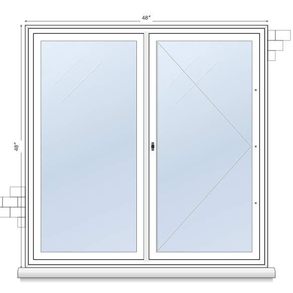 2-wide casement window topology diagram, showing 1 of 2 operable