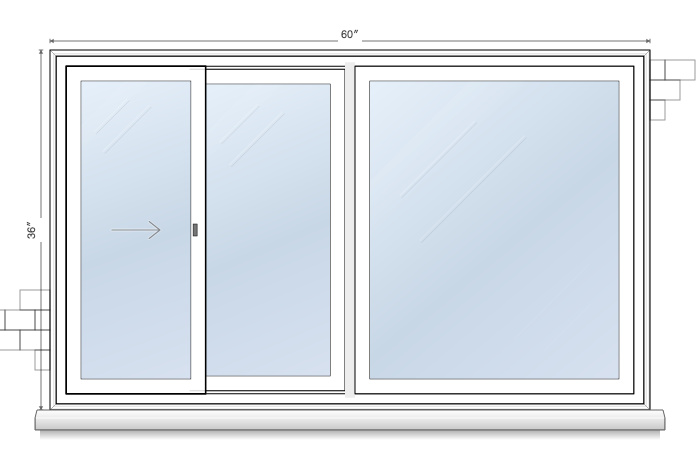2-wide slider window topology diagram, showing 1 of 2 operable