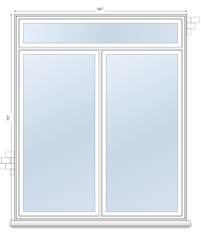 2-wide picture-fixed window topology diagram with transom, showing all fixed