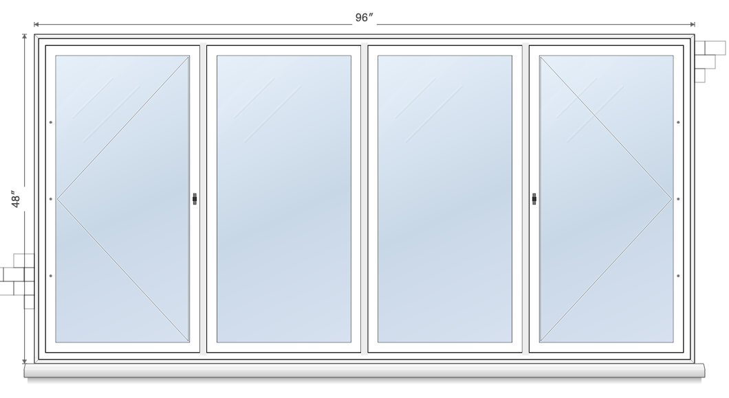 4-wide casement window topology diagram, showing 2 of 4 operable