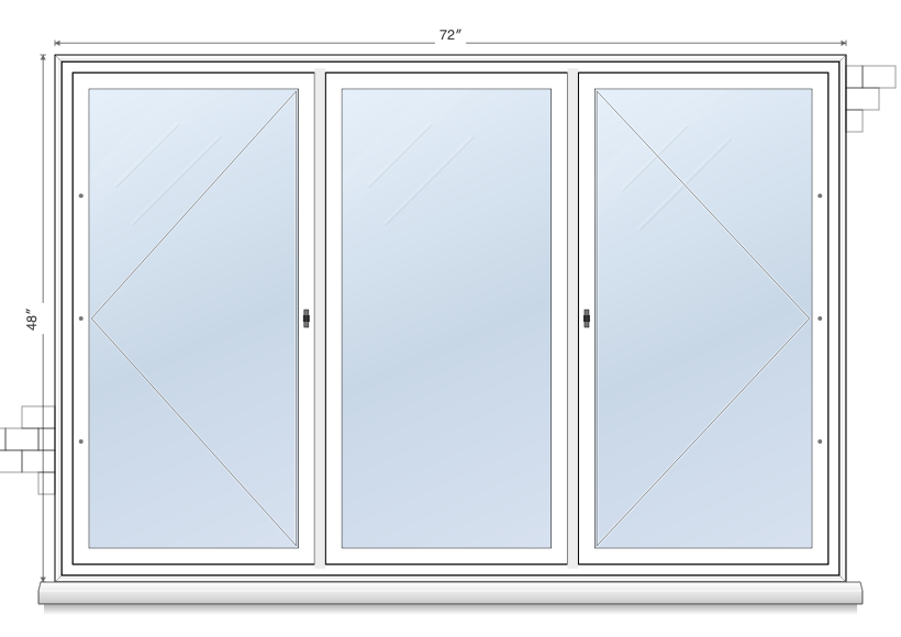 3-wide casement window topology diagram, showing 2 of 3 operable
