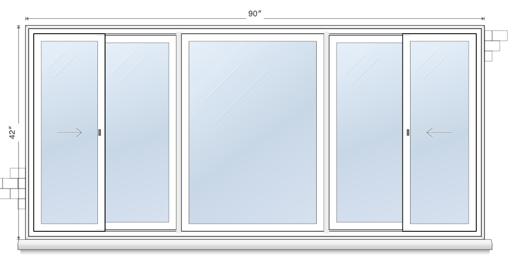 3-wide slider window topology diagram, showing 2 of 3 operable