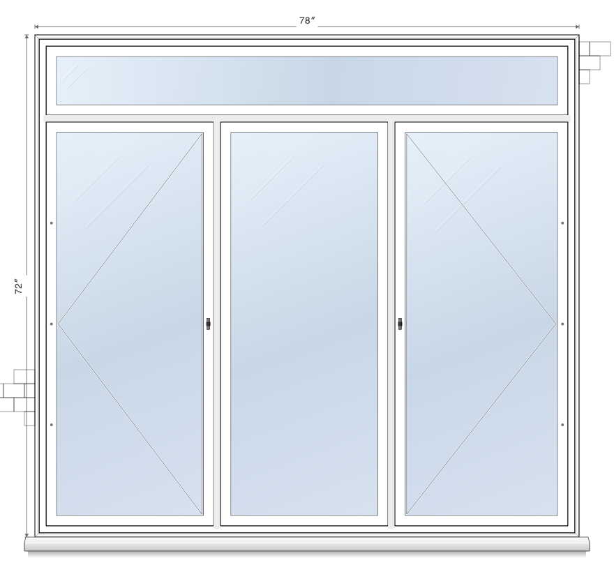 3-wide casement window topology diagram with transom, showing 2 of 4 operable