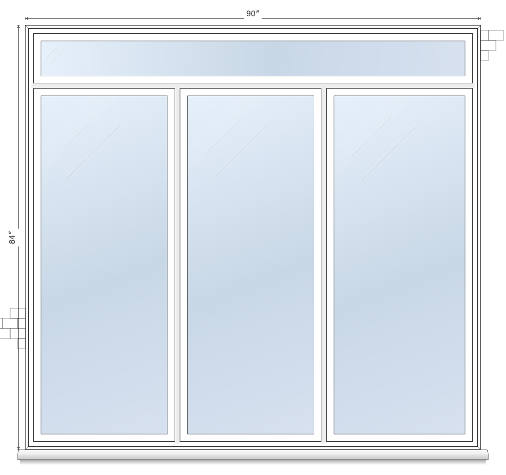 3-wide picture-fixed window topology diagram with transom, showing all fixed